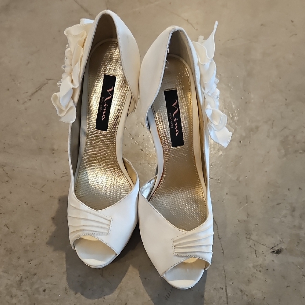 Nina Ivory Peep-Toe Heels with Floral Detail